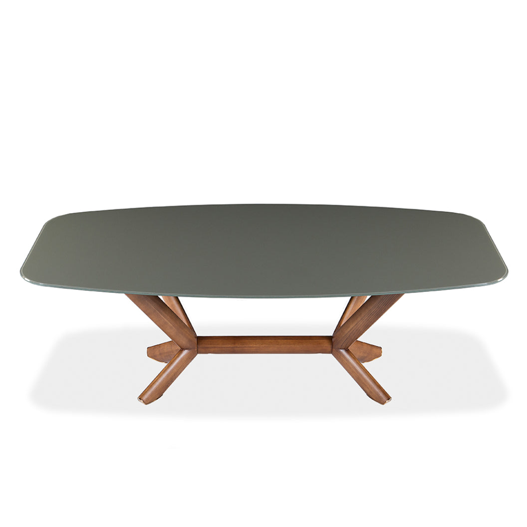 Table de salle à manger rectangulaire avec contour arrondi en verre et bois noyer - Samuel