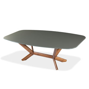 Table de salle à manger rectangulaire avec contour arrondi en verre et bois noyer - Samuel