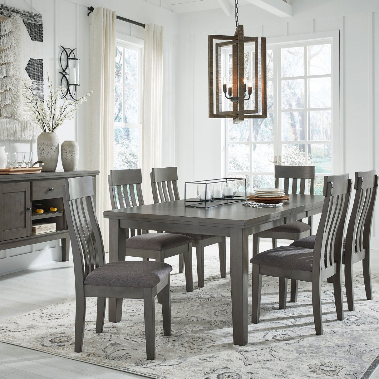 Ensemble de salle à manger en bois et tissu gris avec 6 chaises - Hallanden