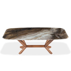 Table de salle à manger rectangulaire avec contour arrondi en verre et bois noyer - Samuel