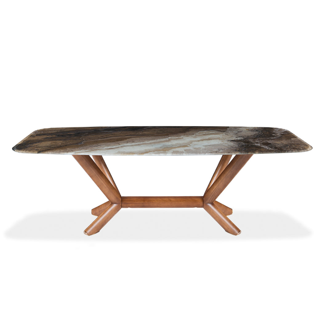 Table de salle à manger rectangulaire avec contour arrondi en verre et bois noyer - Samuel