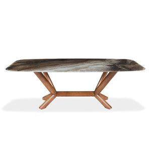 Table de salle à manger rectangulaire avec contour arrondi en verre et bois noyer - Samuel