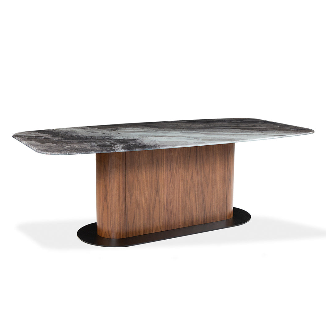 Table de salle à manger rectangulaire avec contour arrondi en verre et en bois - Luciano