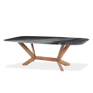 Table de salle à manger rectangulaire avec contour arrondi en verre et bois noyer - Samuel