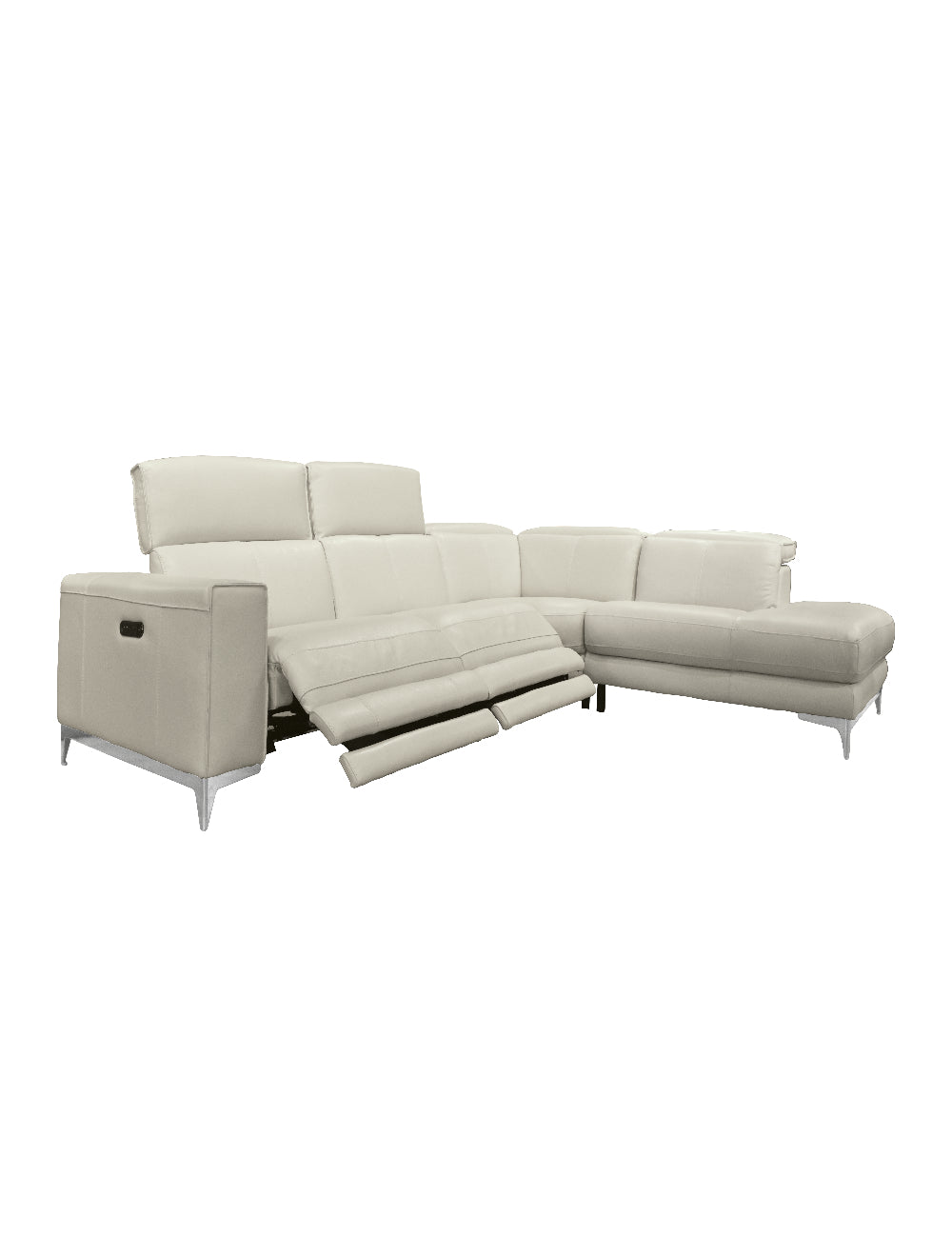 Sectionnel motorisé 3 morceaux en cuir gris avec chaise longue à droite