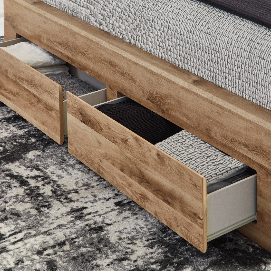 Lit complet en bois et placage brun clair avec 6 tiroirs Hyanna - Grand / Très grand