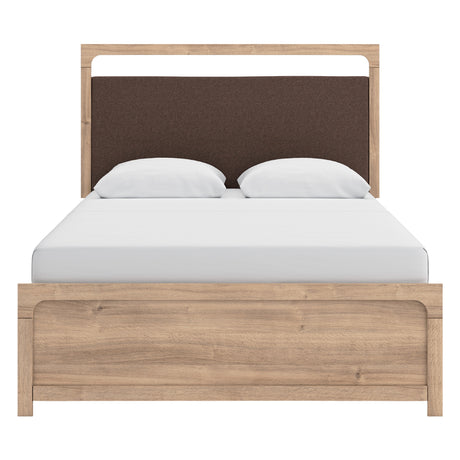 Lit complet avec tête rembourrée en tissu brun et bois/MDF beige Grand / Très grand - Kinlanni