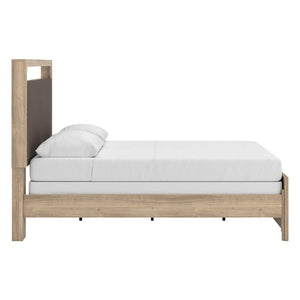 Lit complet avec tête rembourrée en tissu brun et bois/MDF beige Grand / Très grand - Kinlanni