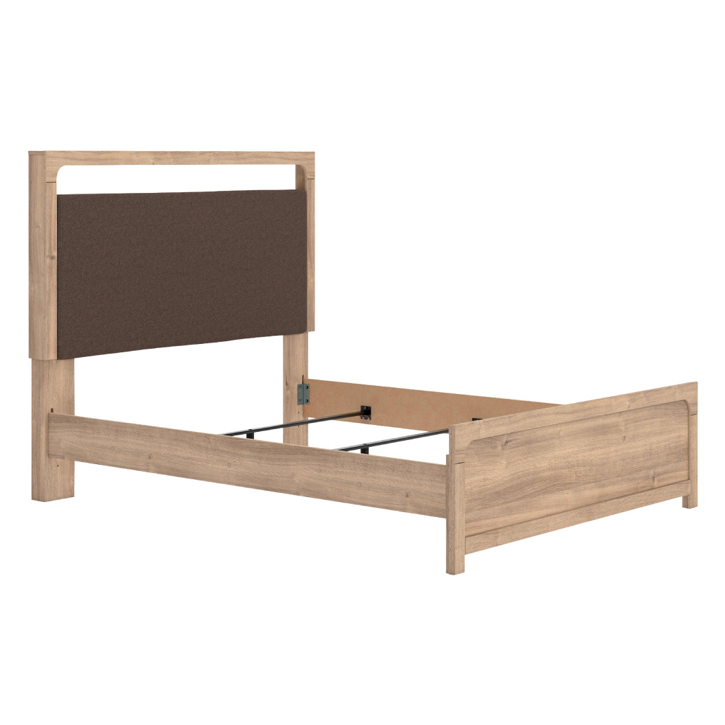 Lit complet avec tête rembourrée en tissu brun et bois/MDF beige Grand / Très grand - Kinlanni