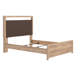 Lit complet avec tête rembourrée en tissu brun et bois/MDF beige Grand / Très grand - Kinlanni