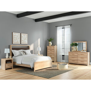 Lit complet avec tête rembourrée en tissu brun et bois/MDF beige Grand / Très grand - Kinlanni