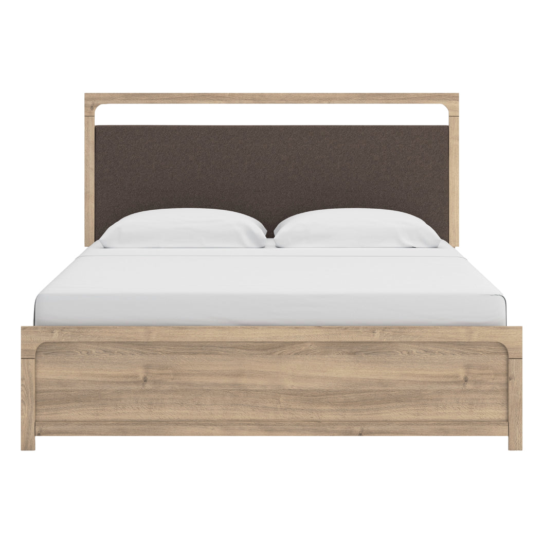 Lit complet avec tête rembourrée en tissu brun et bois/MDF beige Grand / Très grand - Kinlanni