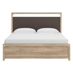 Lit complet avec tête rembourrée en tissu brun et bois/MDF beige Grand / Très grand - Kinlanni