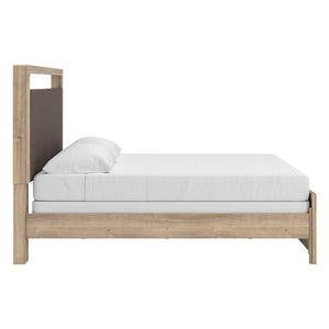 Lit complet avec tête rembourrée en tissu brun et bois/MDF beige Grand / Très grand - Kinlanni