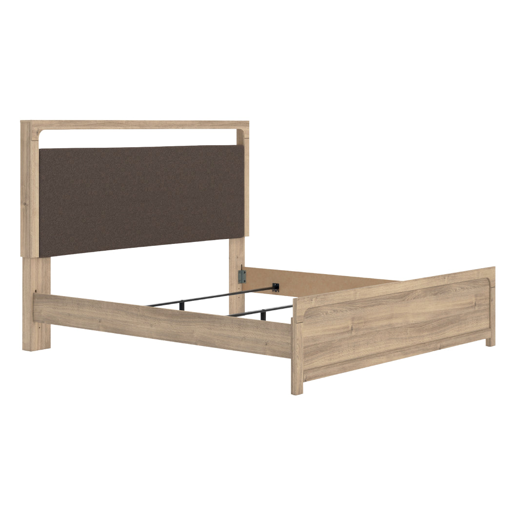 Lit complet avec tête rembourrée en tissu brun et bois/MDF beige Grand / Très grand - Kinlanni