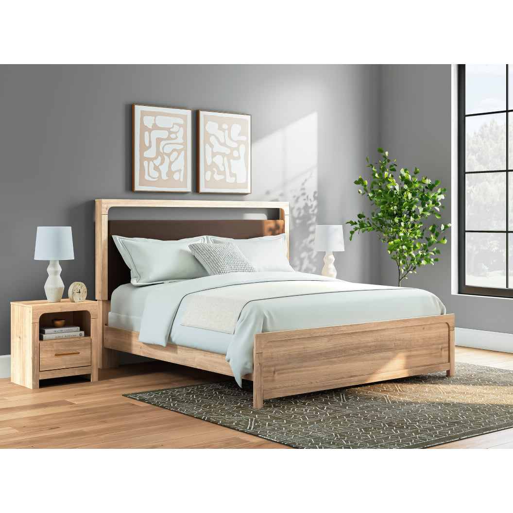 Lit complet avec tête rembourrée en tissu brun et bois/MDF beige Grand / Très grand - Kinlanni
