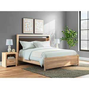Lit complet avec tête rembourrée en tissu brun et bois/MDF beige Grand / Très grand - Kinlanni