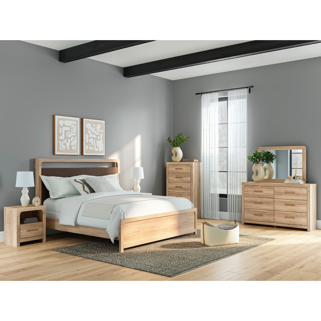 Lit complet avec tête rembourrée en tissu brun et bois/MDF beige Grand / Très grand - Kinlanni