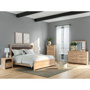 Lit complet avec tête rembourrée en tissu brun et bois/MDF beige Grand / Très grand - Kinlanni
