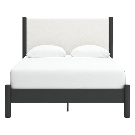 Lit complet en tissu blanc et bois noir Grand / Très grand - Cadmori