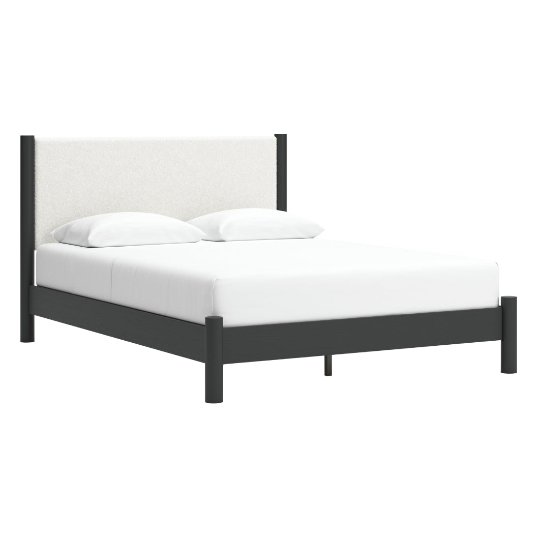 Lit complet en tissu blanc et bois noir Grand / Très grand - Cadmori