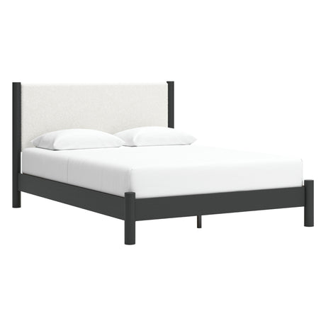 Lit complet en tissu blanc et bois noir Grand / Très grand - Cadmori