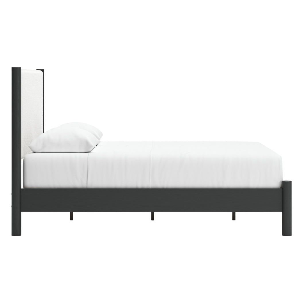 Lit complet en tissu blanc et bois noir Grand / Très grand - Cadmori