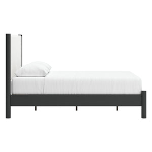 Lit complet en tissu blanc et bois noir Grand / Très grand - Cadmori