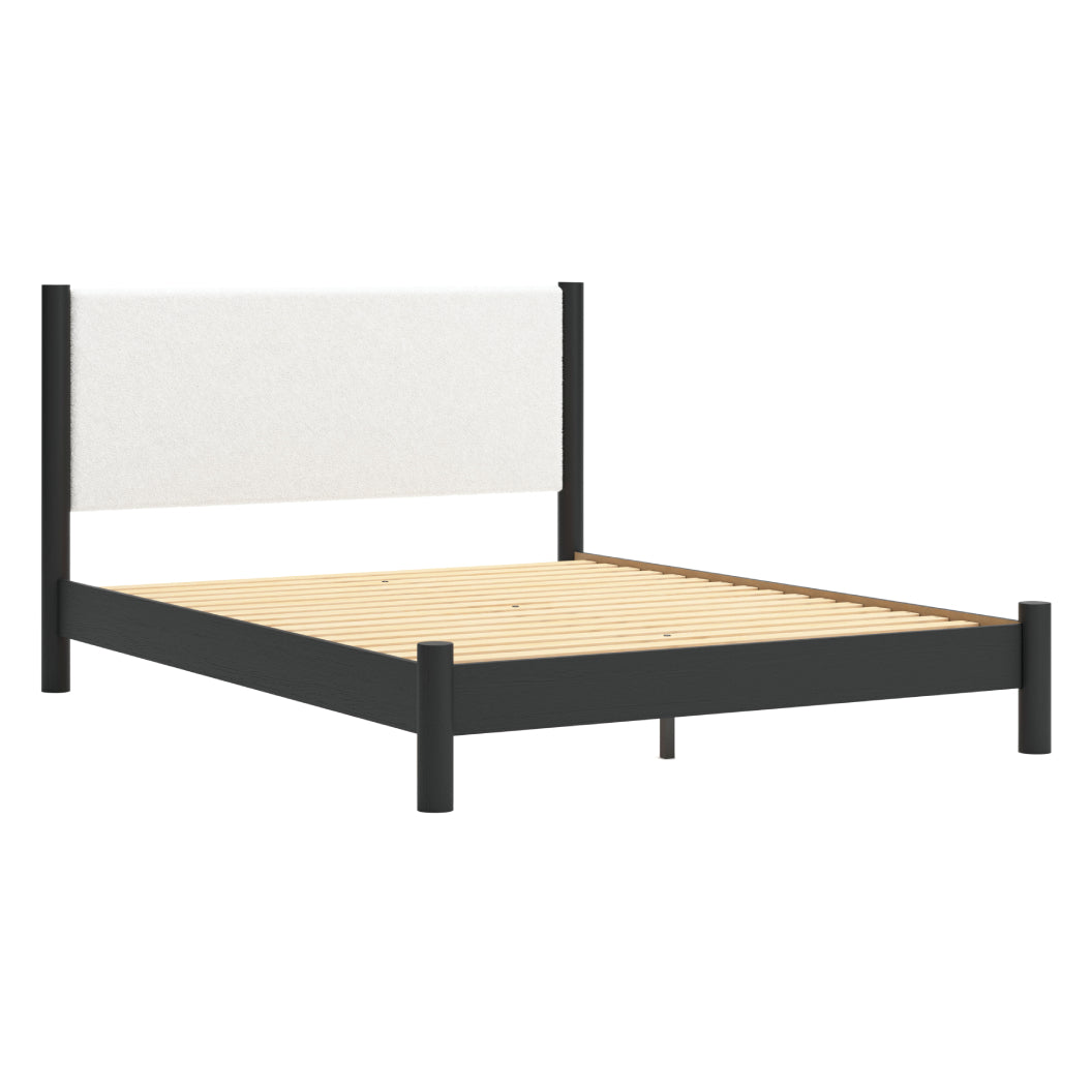 Lit complet en tissu blanc et bois noir Grand / Très grand - Cadmori