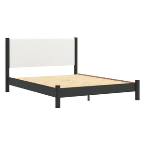 Lit complet en tissu blanc et bois noir Grand / Très grand - Cadmori