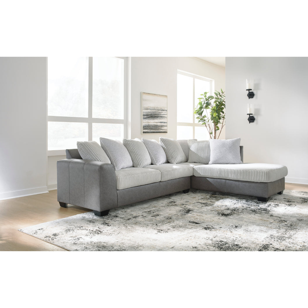 Sectionnel 2 pièces en tissu blanc et aspect cuir gris avec chaise longue & coussins - Clairette Court
