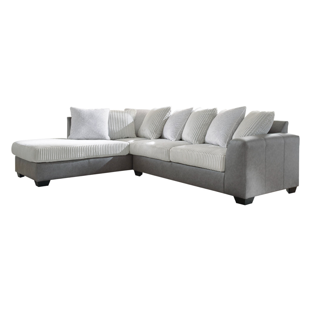 Sectionnel 2 pièces en tissu blanc et aspect cuir gris avec chaise longue & coussins - Clairette Court