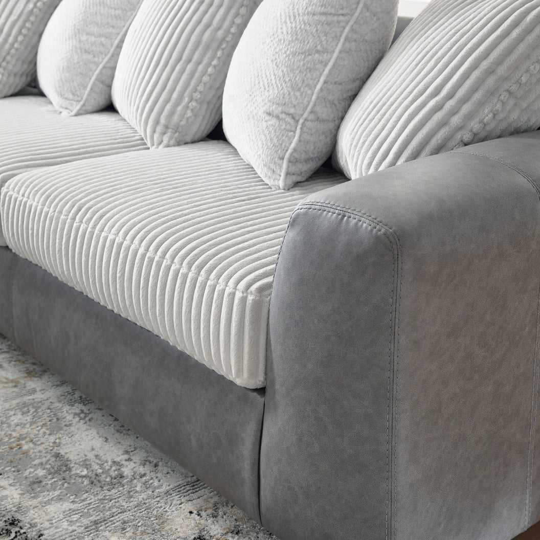 Sectionnel 2 pièces en tissu blanc et aspect cuir gris avec chaise longue & coussins - Clairette Court