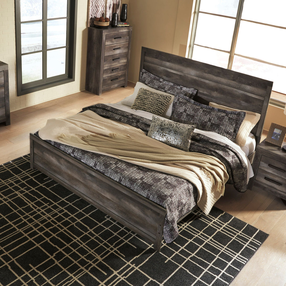 Lit complet en bois/placage gris rustique Grand / Très grand - Wynnlow