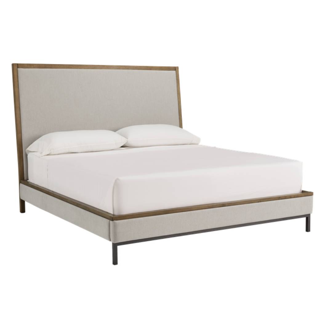 Lit  grand complet en bois brun tissu gris - Tomtyn