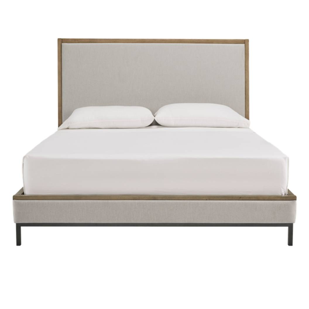 Lit  grand complet en bois brun tissu gris - Tomtyn