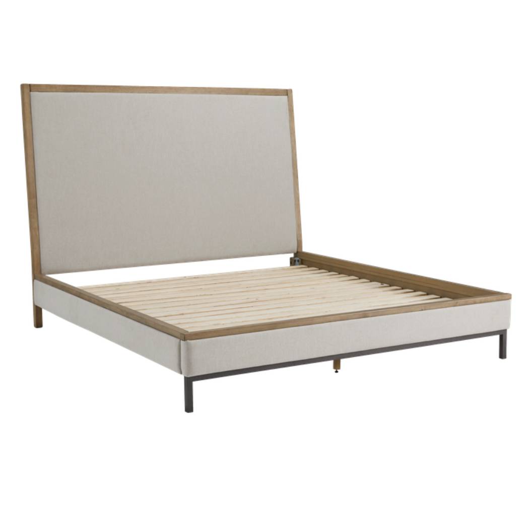 Lit  grand complet en bois brun tissu gris - Tomtyn