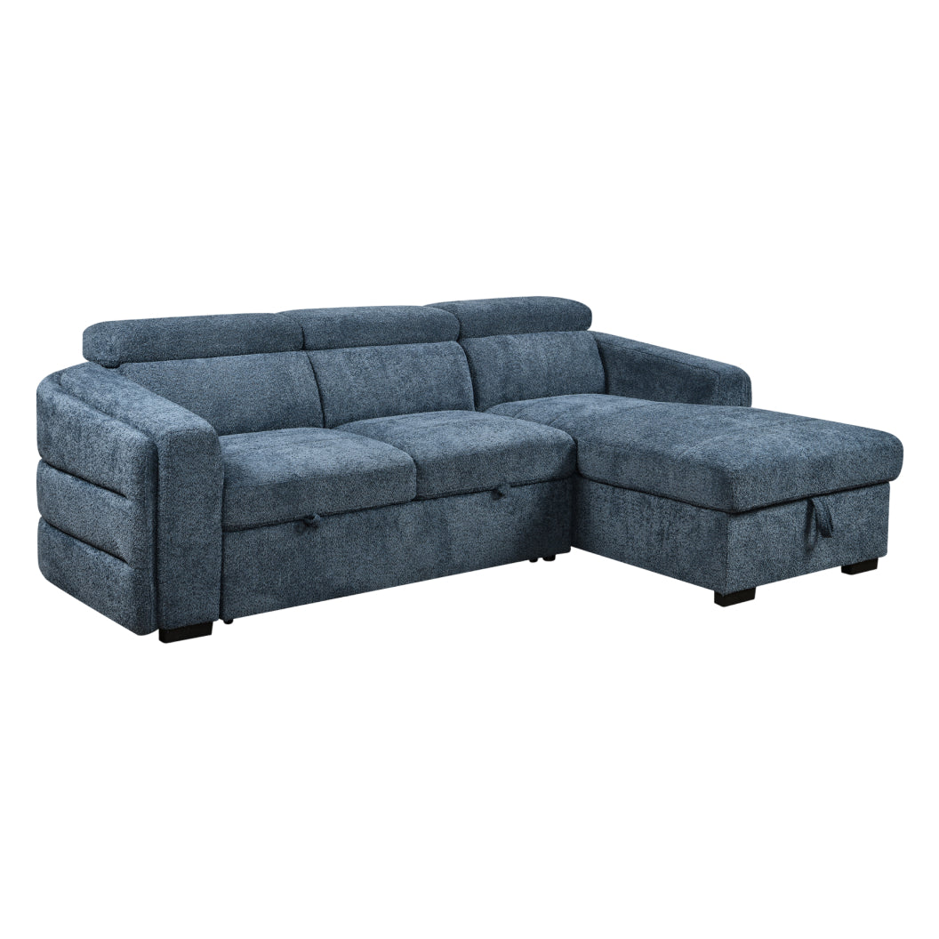 Sectionnel-lit en tissu bleu avec rangement - Baker