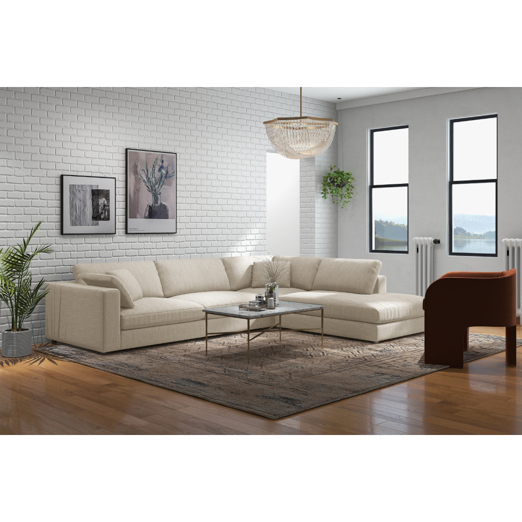 Sectionnel 3 pièces en tissu beige avec chaise longue & 3 coussins - Joelle2