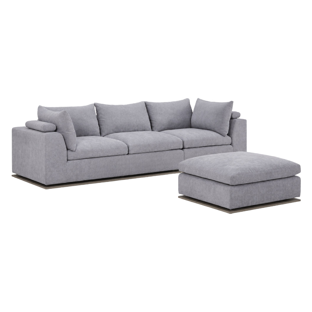 Sectionnel modulaire 3 pièces en tissu gris et base en bois avec ottoman - Nature