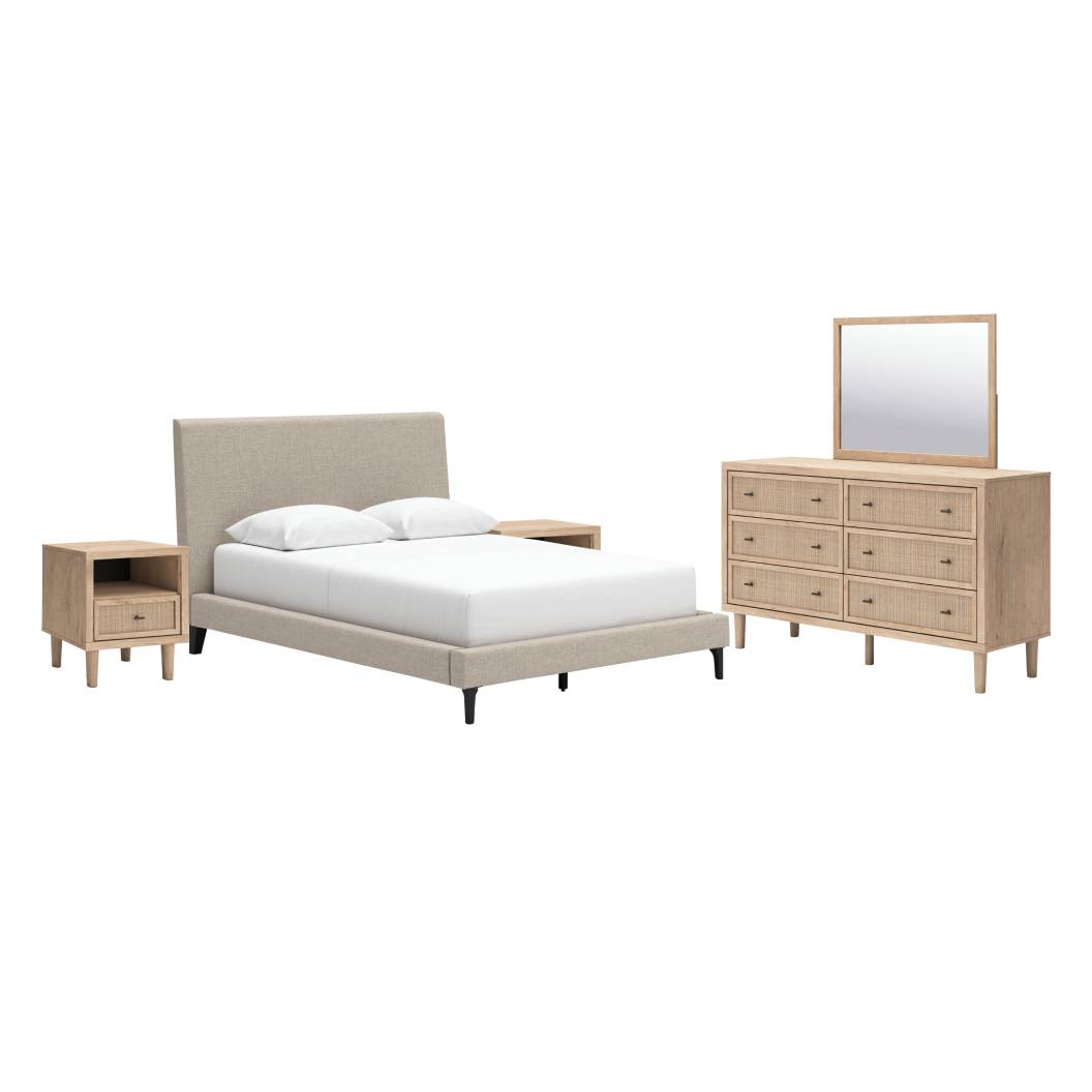 Ensemble de mobilier de chambre avec lit grand en tissu beige et gris 5 pc - Cielden