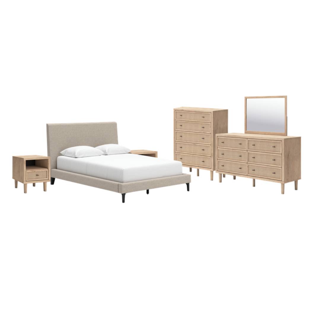 Ensemble de mobilier de chambre lit grand en tissu beige gris 6 pc - Cielden