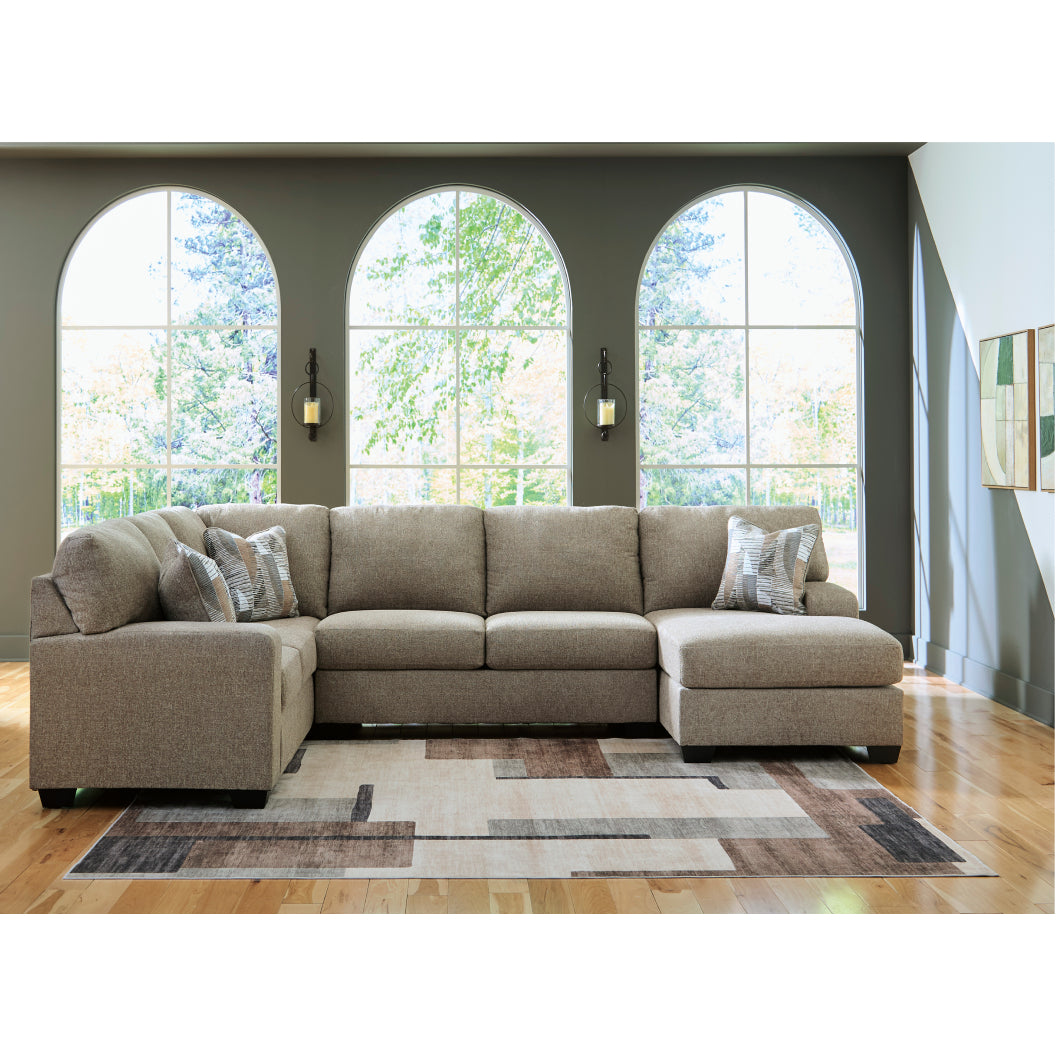 Sectionnel 3 pièces en tissu beige avec chaise longue & 3 coussins - Newellen