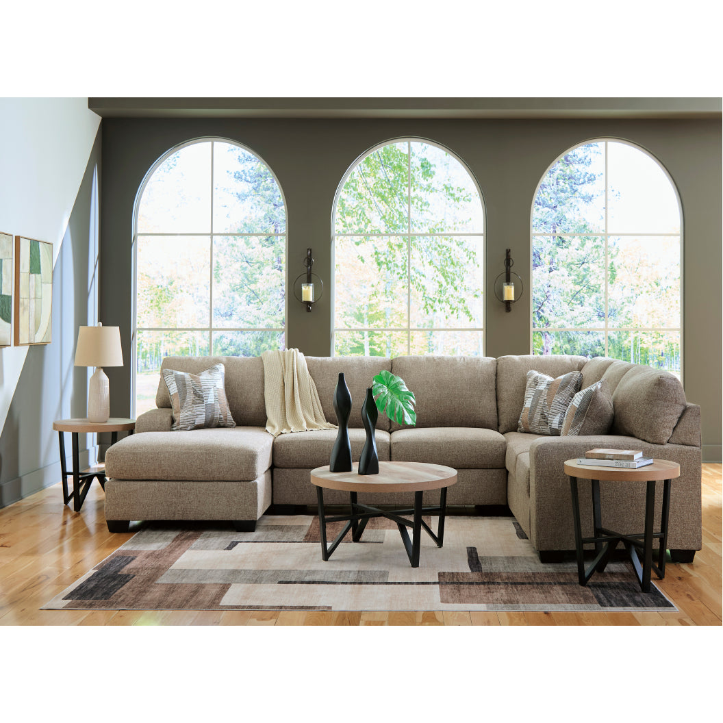 Sectionnel 3 pièces en tissu beige avec chaise longue & 3 coussins - Newellen