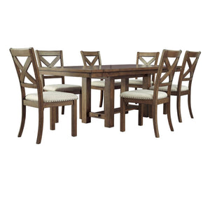 Ensemble de salle à mange en bois et tissu beige avec 6 chaises - Moriville