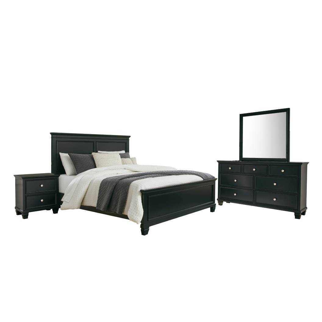 Ensemble de mobilier de chambres de 5 pièces avec un lit grand complet noir - Lanolee