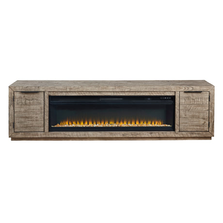 Meuble de télévision en bois et placage gris patiné avec foyer électrique - Krystanza