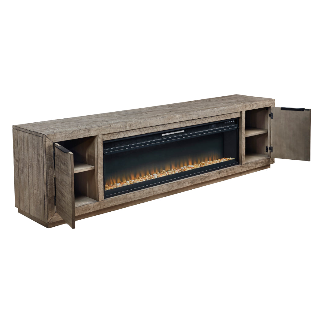 Meuble de télévision en bois et placage gris patiné avec foyer électrique - Krystanza