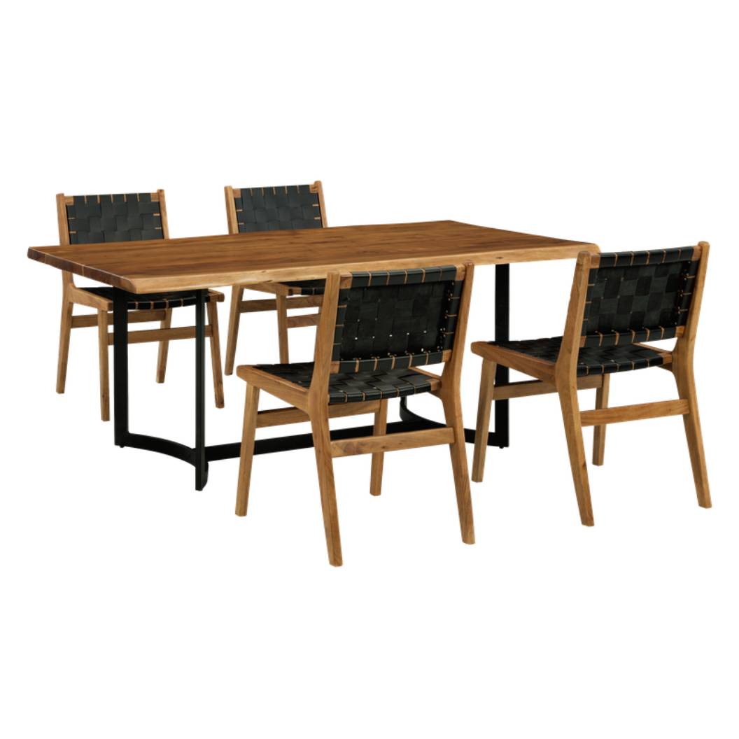 Ensemble de salle à manger avec 4 chaises en sangles de cuir noir - Fortmaine