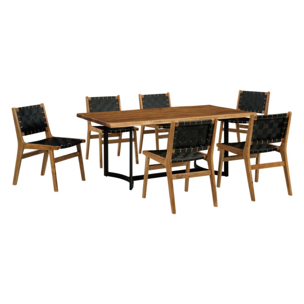 Ensemble de salle à manger avec 6 chaises en sangles de cuir noir - Fortmaine